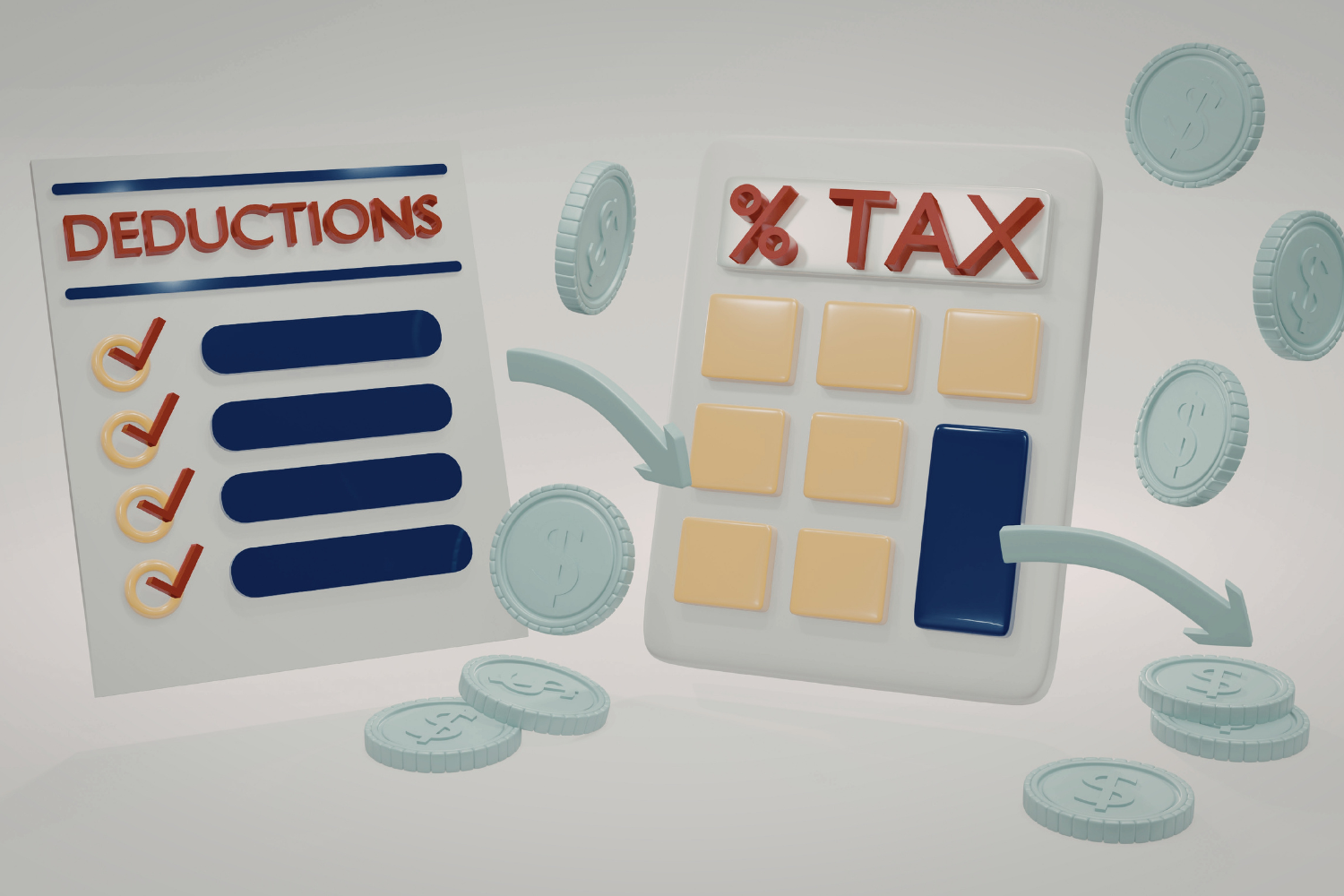 3D illustration of deductions sheet, tax calculator, and coins, representing tax awareness quick check for selling readiness.