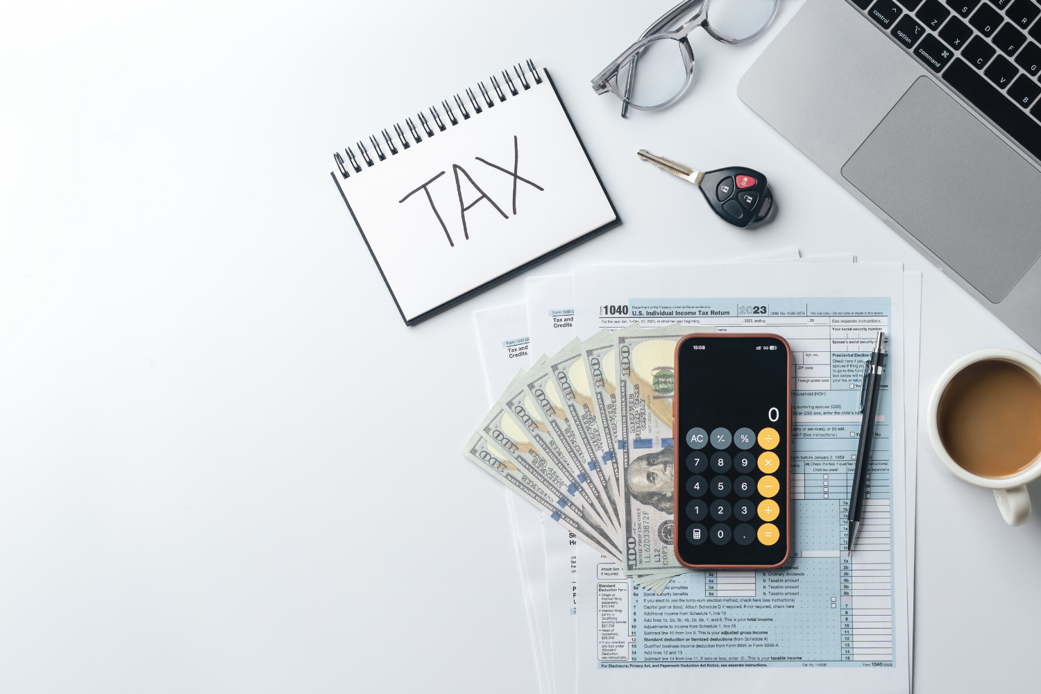 Flat lay of tax forms, calculator, money, and notepad labeled 'TAX', symbolizing a quick check of tax awareness and preparedness for selling.