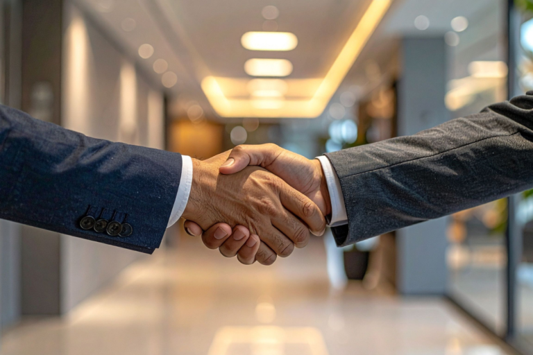 Close-up of two business professionals shaking hands, representing handshake deals and informal agreements during a business sale.